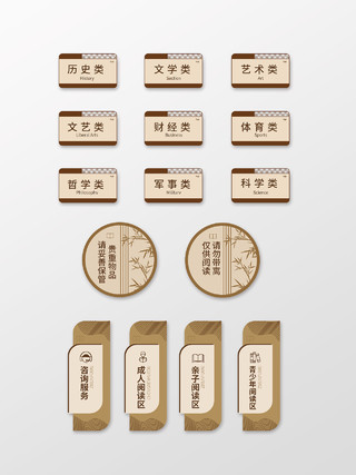浅褐色创意中国风图书馆书店导视标识设计图书馆标识